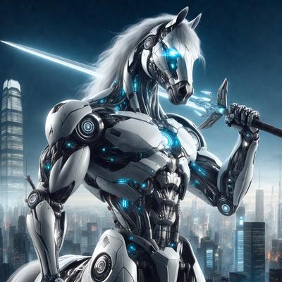 The primary subject of the image is a futuristic robotic horse with a sword in its mouth. The robotic horse is standing in a cityscape, with a large skyscraper in the background. The visual style of the image is digital art, and the dominant colors are silver and blue, giving the scene a futuristic and technological atmosphere.